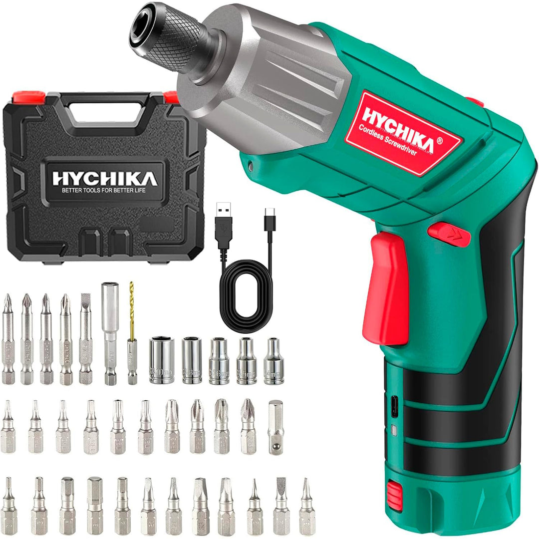 HYCHIKA Akkuschrauber, 6N·m Drehmoment 2000mAh 3,6V Akku mit 35 Zubehörteilen, LED-Licht und Taschen