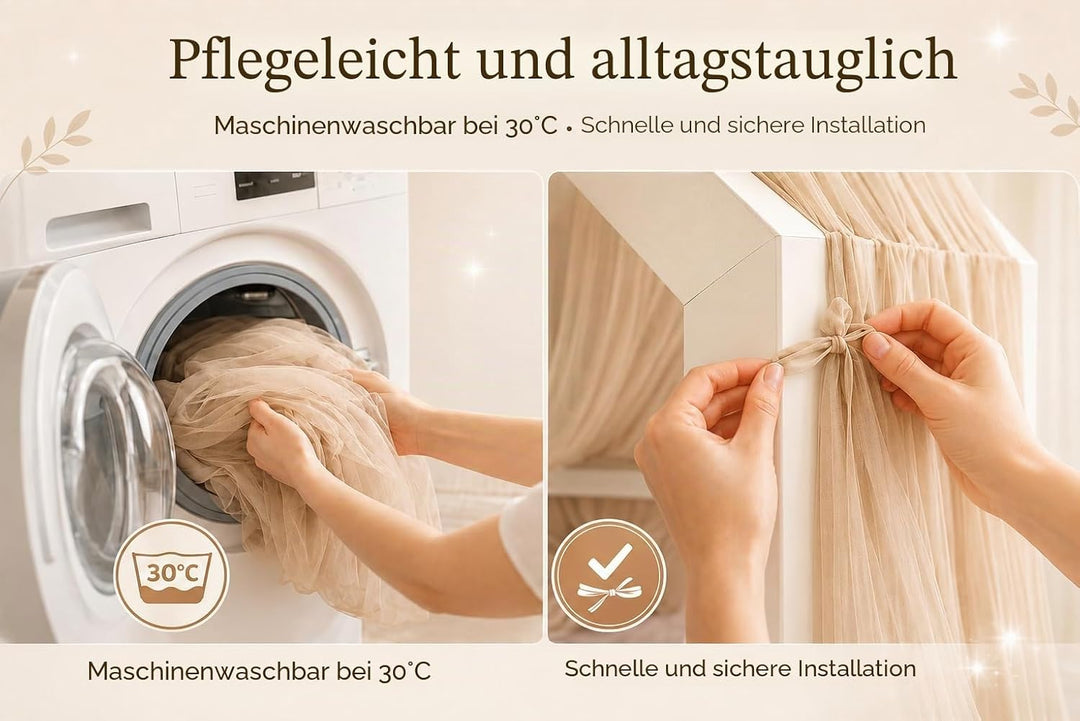 Baby Fancyroom Betthimmel für Hausbett, Bettvorhang aus Tüll, Beige, 2er Set mit Schleifen und Pompo