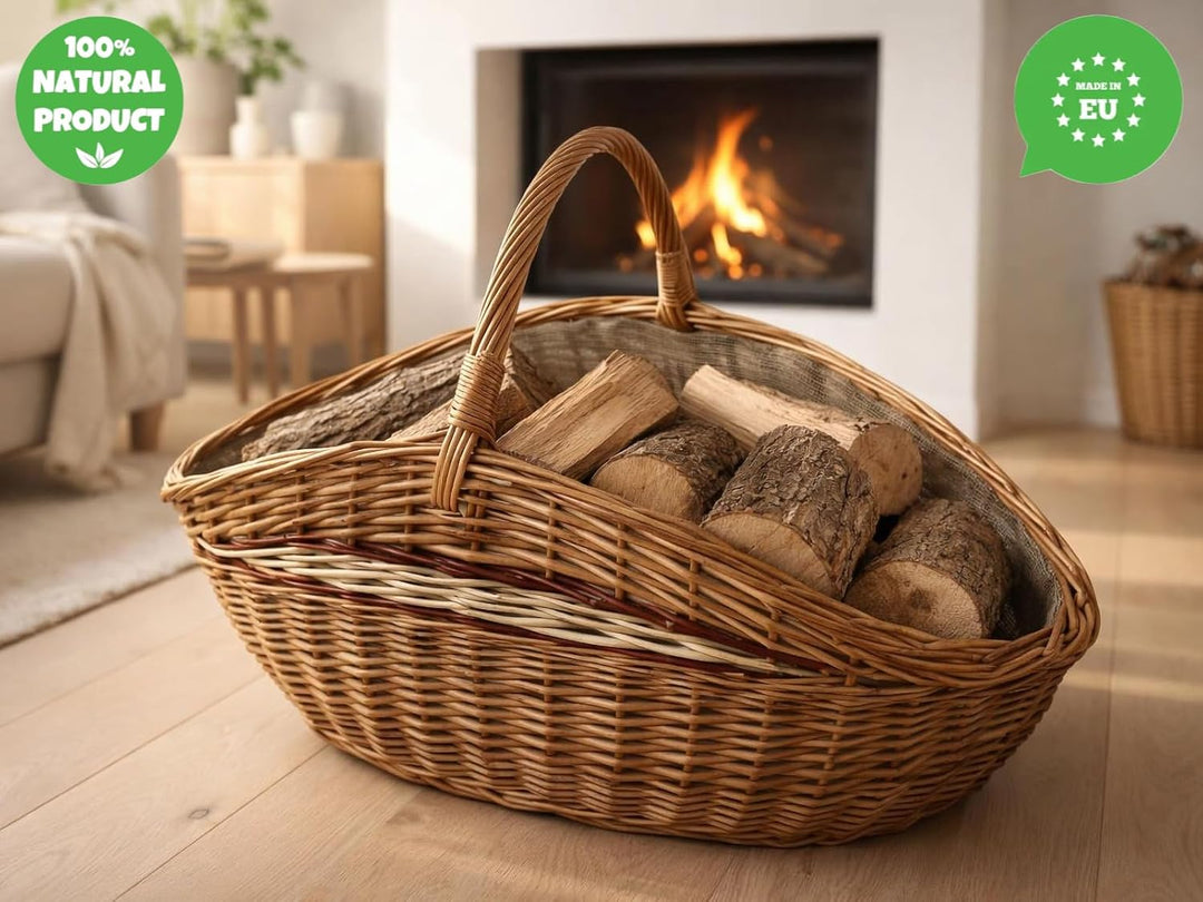 Weidenkorb, Holzkorb, Kaminkorb aus Naturweide, mit Jute vernäht (L) 68 x (B) 39 x (H) 24/40