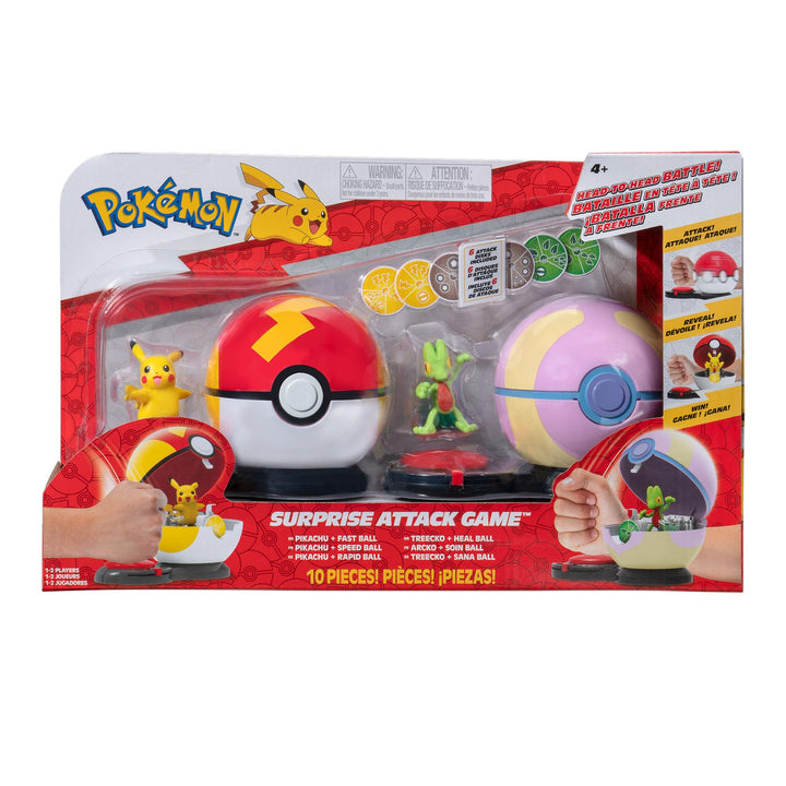 Pokémon PKW3165 - Surprise Attack Game - Pikachu vs. Geckarbor, offizielles Spielset mit Figuren