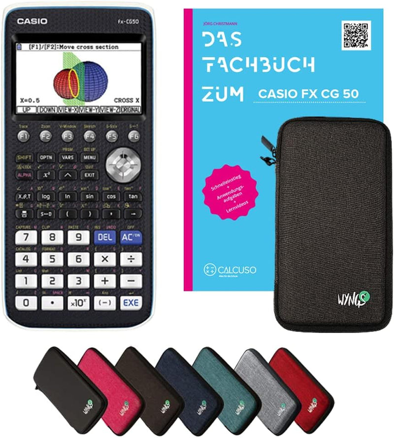 CALCUSO Standardpaket: Casio FX CG 50 + WYNGS Schutztasche dunkelgrau + CALCUSO Fachbuch + Erweitert