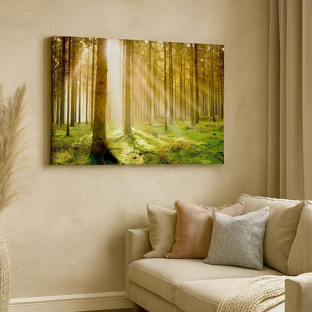 Bilder auf Leinwand 100x70cm Leinwandbild mit Rahmen Bäume Sonne Natur Gross Wanddeko Bild Schlafzim