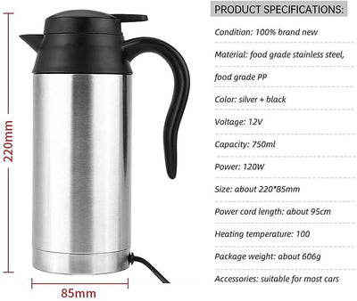 750ml Auto Wasserkocher, 12V Elektrischer Wasserkocher Edelstahl Reisewasserkocher für Wasser Kaffee