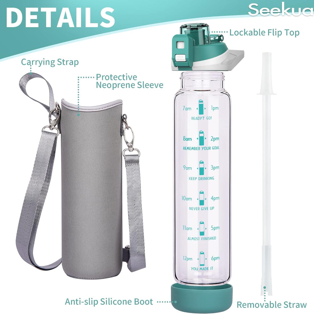 Seekua 1l Sport Trinkflasche Glas Flasche mit Strohhalm & Zeitmarkierung auslaufsicher bpa frei 1 li