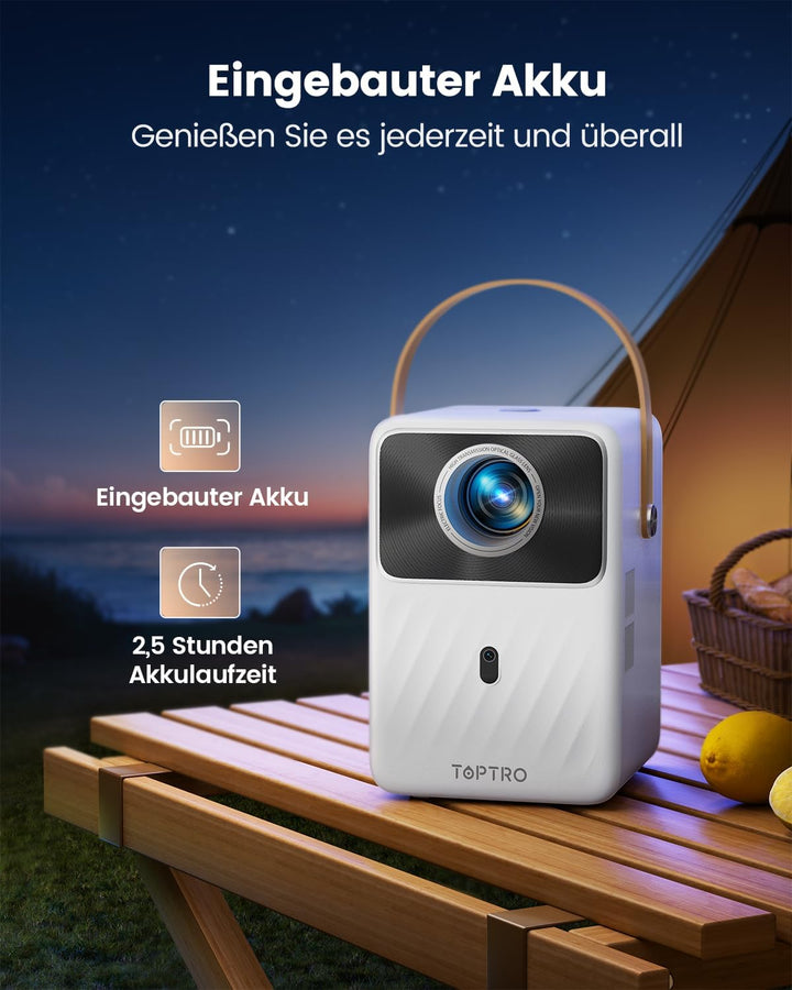 Mini Beamer【Eingebauter Akku & Andriod TV】 Toptro 1080P Full HD Beamer Heimkino mit Elektrischer Fok
