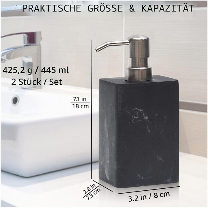 Suanti Badezimmer-Seifenspender-Set, weiss und schwarz, Marmor-Stil, mit rostfreier Silberpumpe, dek