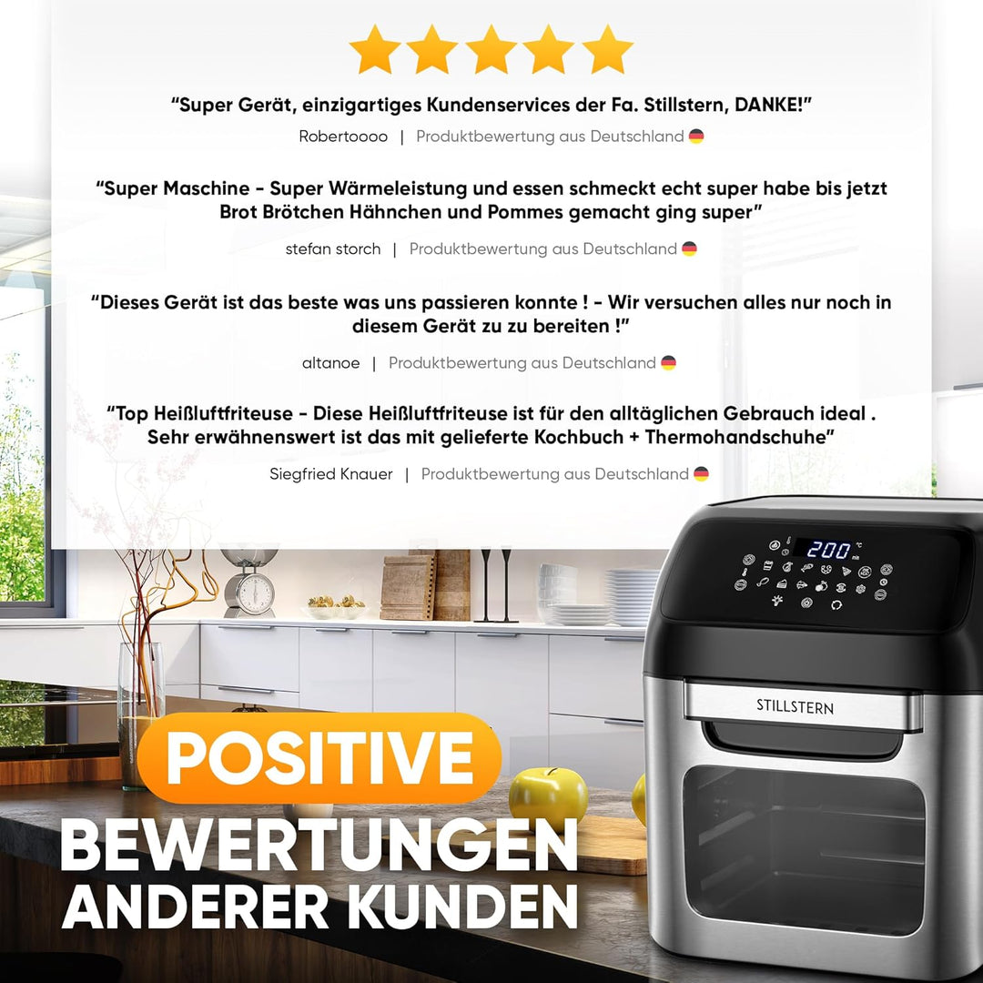 Stillstern Heissluftfritteuse 12L mit LED-Touchscreen, 120 Rezepte auf Deutsch, 12 Programme, Vorhei