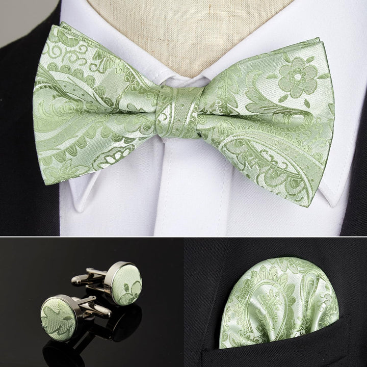 HISDERN Herren Paisley Fliege und Einstecktuch mit Manschettenknöpfe Set,Schleife mit Haken - Bereit