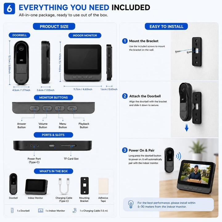 Winnes Türklingel mit Kamera,1080P Drahtlose Video Türklingel,IP65 Regenfest,4,3“ IPS Display,2.4G B