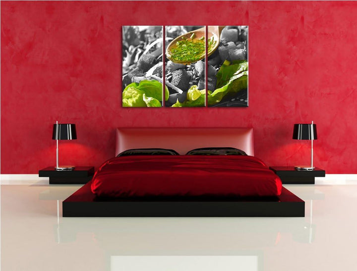 Knackiger Salat und Kräuter schwarz/weiss 3-Teiler Leinwandbild 120x80 Bild auf Leinwand, XXL riesig