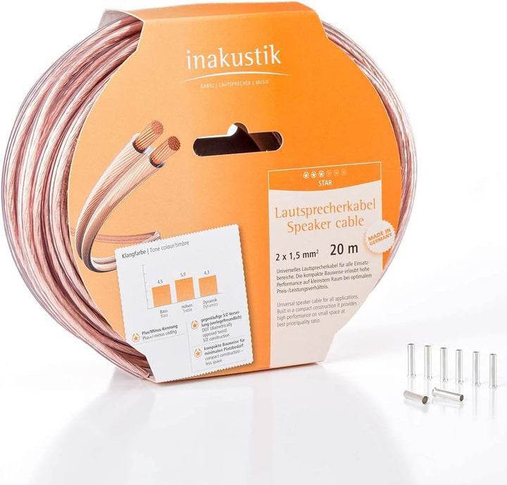 inakustik Lautsprecherkabel, 20m transparent, 2 x 1,5 mm², inkl. 8 Aderendhülsen, verlegefreundliche