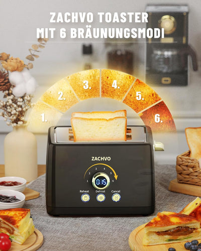 Toaster 2 Scheiben - ZACHVO Toaster mit Brötchenaufsatz, 6 Bräunungsstufe - 850W Toaster mit Herausn