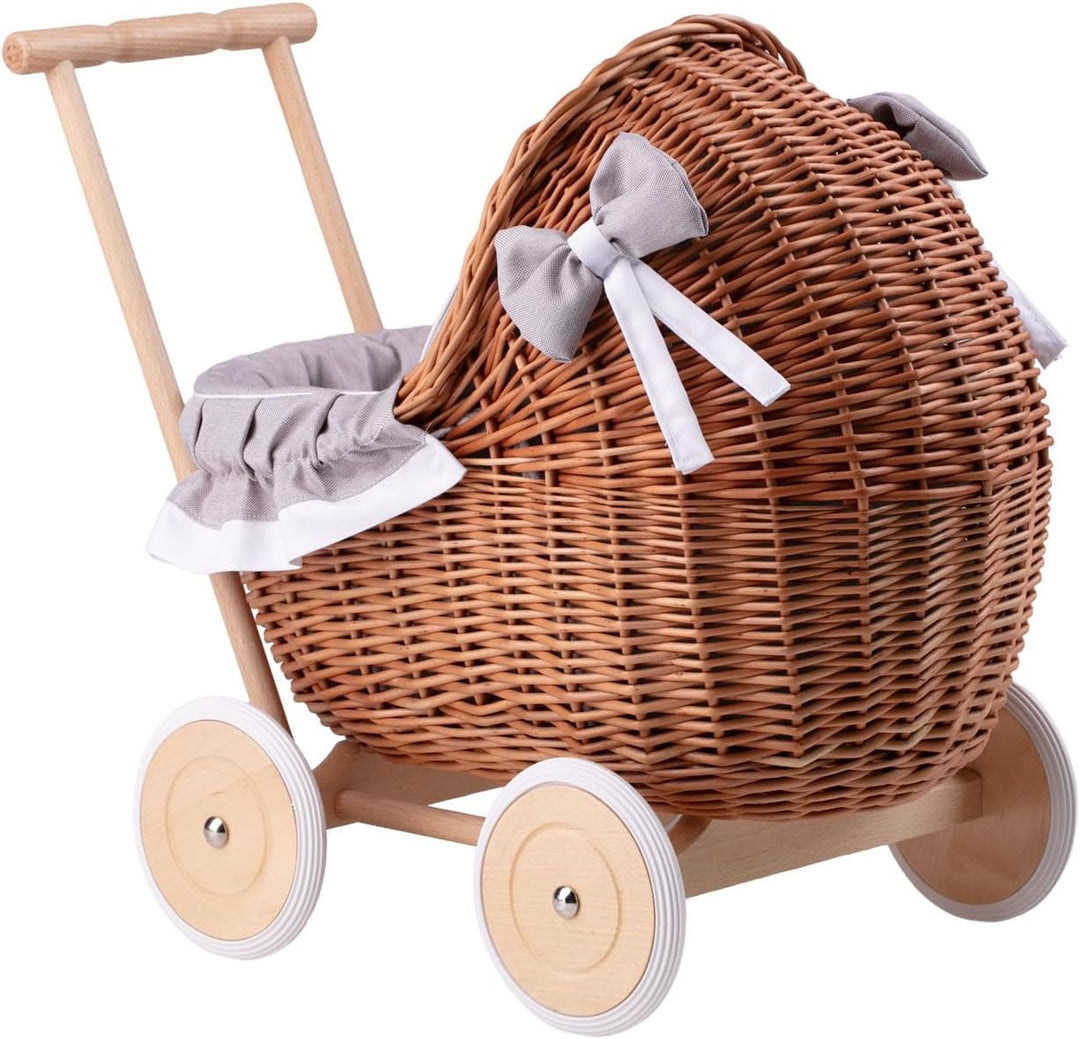 e-wicker24 Alles aus Weide Puppenwagen aus Weide mit Bettwäsche perfekte Geschenkidee Korbpuppenwage