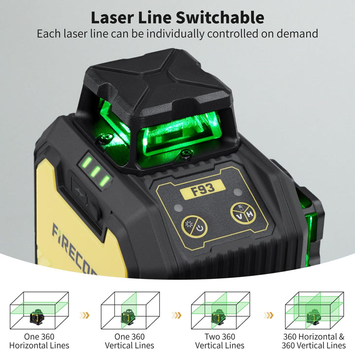 Firecore 3 x 360° Laser Wasserwaage, grüne Kreuzlinienlaser, selbstnivellierend, 12 Linien, Drei-Ebe