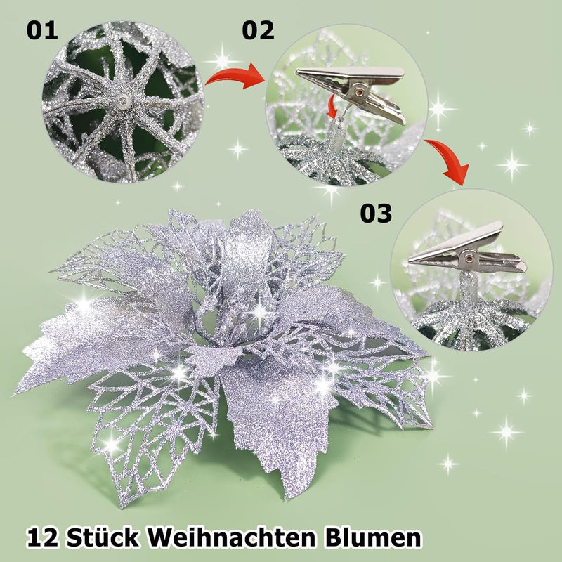 GLITZFAS 12 Stück Glitter Weihnachtsbaum Dekoration, Weihnachtsbaumschmuck Ornament Weihnachten Blum