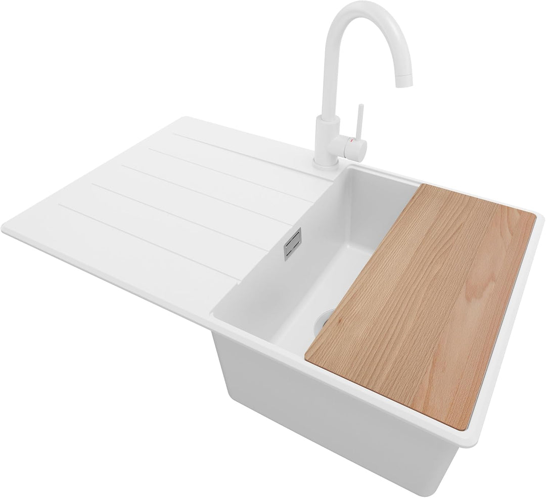 Spülbecken Weiss 78x50 cm, Granitspüle + Ablauf-Set + Küchenarmatur 5000, Küchenspüle für 45er Unter