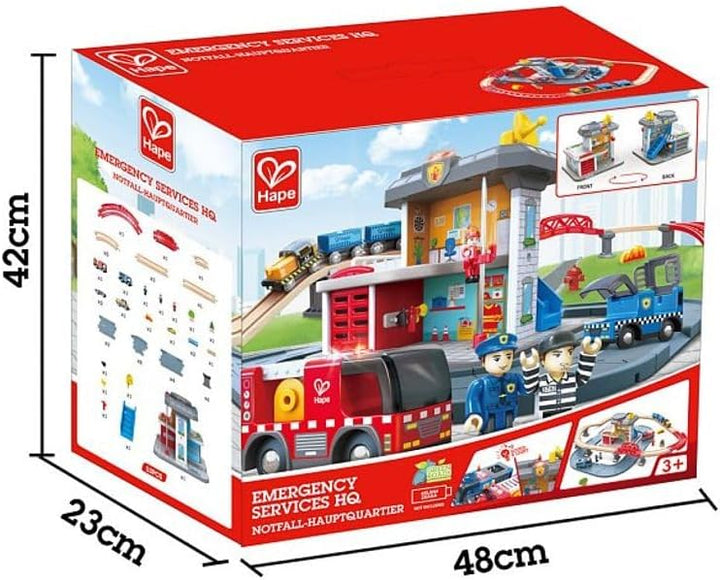 Hape Notfall-Hauptquatier mit Eisenbahnstrecke aus Holz und Strasse, ab 3 Jahren