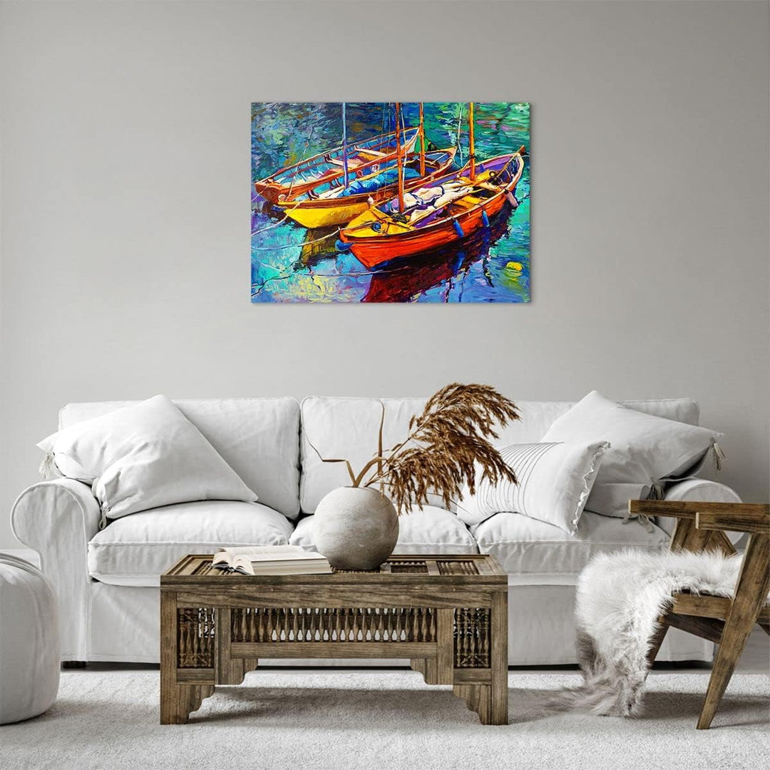 Bilder auf Leinwand Boote Bunt Angeln Wasser Leinwandbild 70x50cm Wandbilder Dekoration Wohnzimmer S