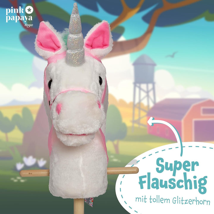 Pink Papaya Steckenpferd, Rainbow, süsses Spielzeug Pferd aus Stoff mit Sound Funktion: Gewieher und