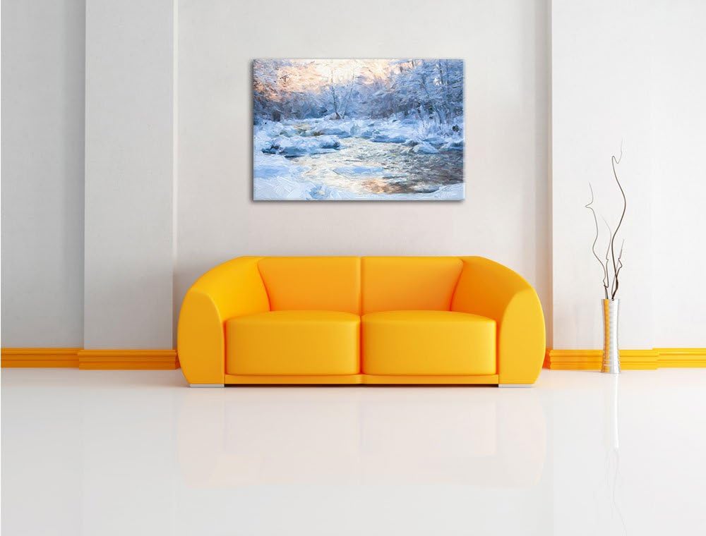 Pixxprint Bach in Winterlandschaft Pinsel Effekt, Format: 100x70 auf Leinwand, 100x70