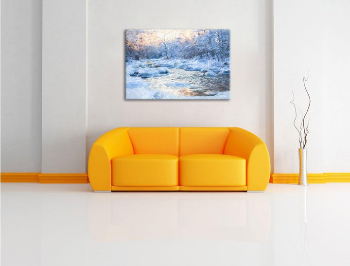 Pixxprint Bach in Winterlandschaft Pinsel Effekt, Format: 100x70 auf Leinwand, 100x70