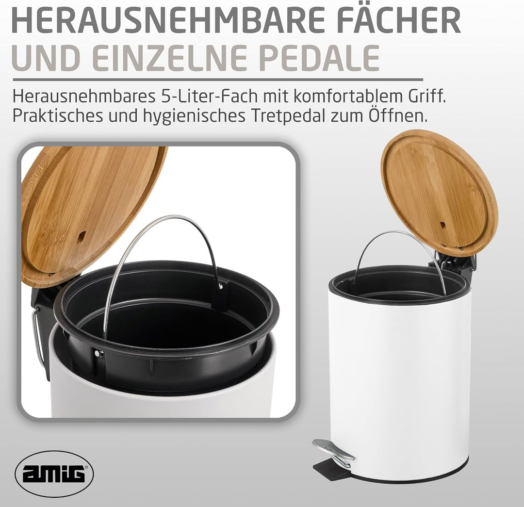 Amig - Kosmetikeimer mit Pedal 5L Naturline - Weiss und Bambus - Hygienische Öffnung - Ø20 x 26 cm -