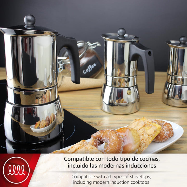 Magefesa Genova - Espressokocher für 4 Tassen, 200 ml, Edelstahl 18/10, Ergonomischer Griff, Energie