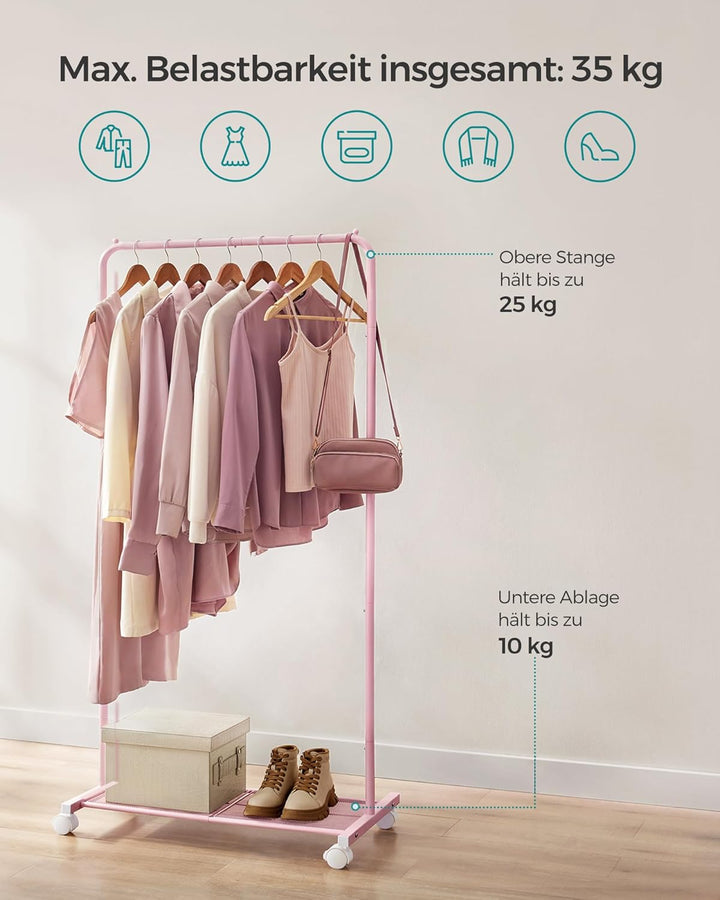 SONGMICS Kleiderständer, Kleiderstange auf Rollen, Garderobenständer 74 cm breit, Rollgarderobe mit