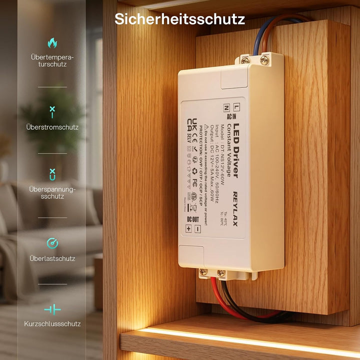 REYLAX LED Transformator 12V 60W, Treiber Elektronischer Trafo, 5A Trafo 230V Auf 12V DC Schalt Nied