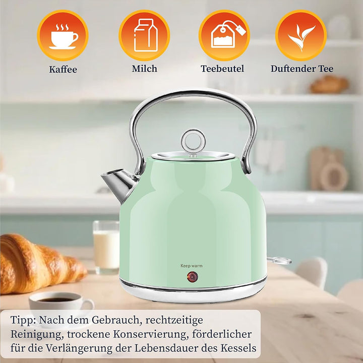 Huogary Wasserkocher - 1,7 L Edelstahl Wasserkocher mit Warmfunktion, 2000W Schnellkocher mit LED-An