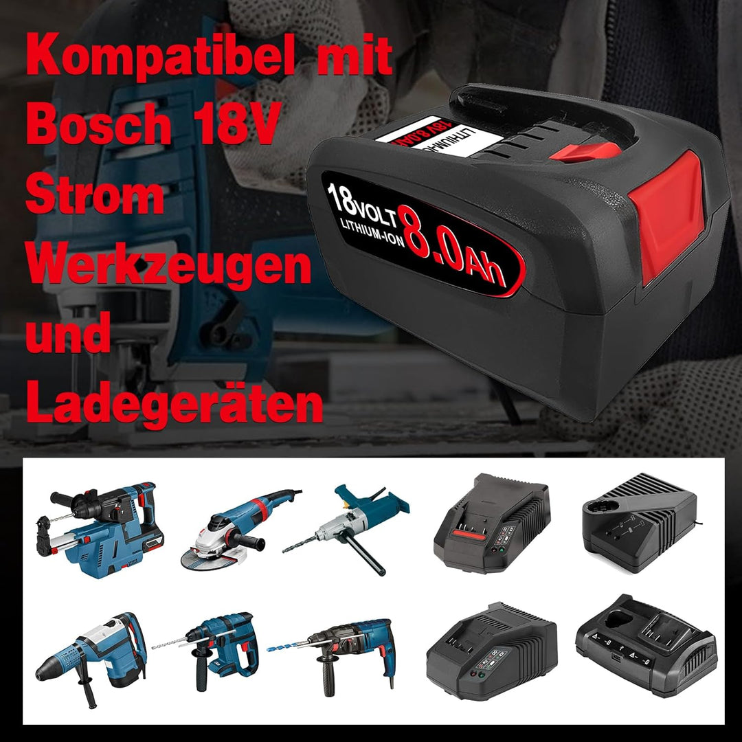 2 × 8.0Ah Ersatz für Bosch akku 18V Kompatibel mit Bosch 18V Akku Werkzeuge Home and Garden System,