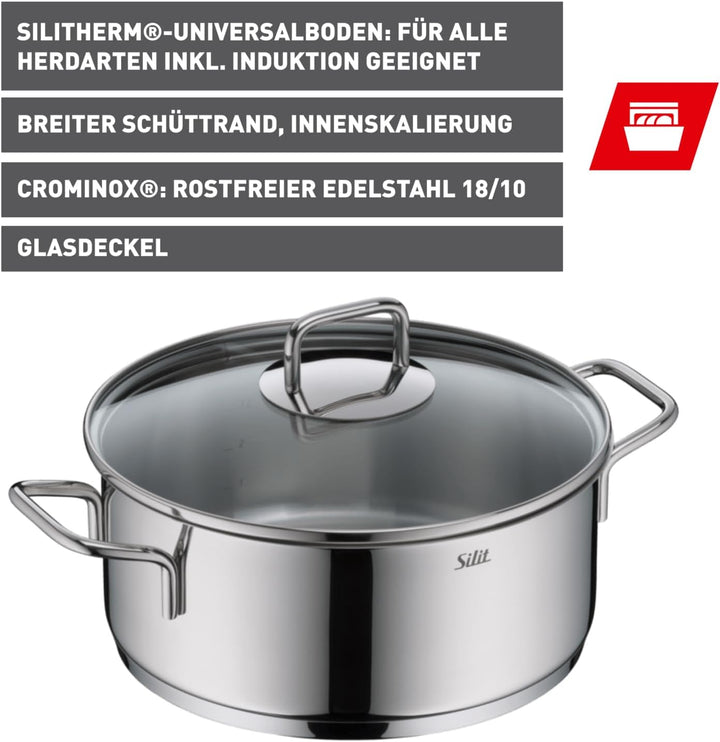 Silit Extra Cook, Bratentopf 24 cm mit Glasdeckel, Innenskalierung, breiter Schüttrand, hochwertiger