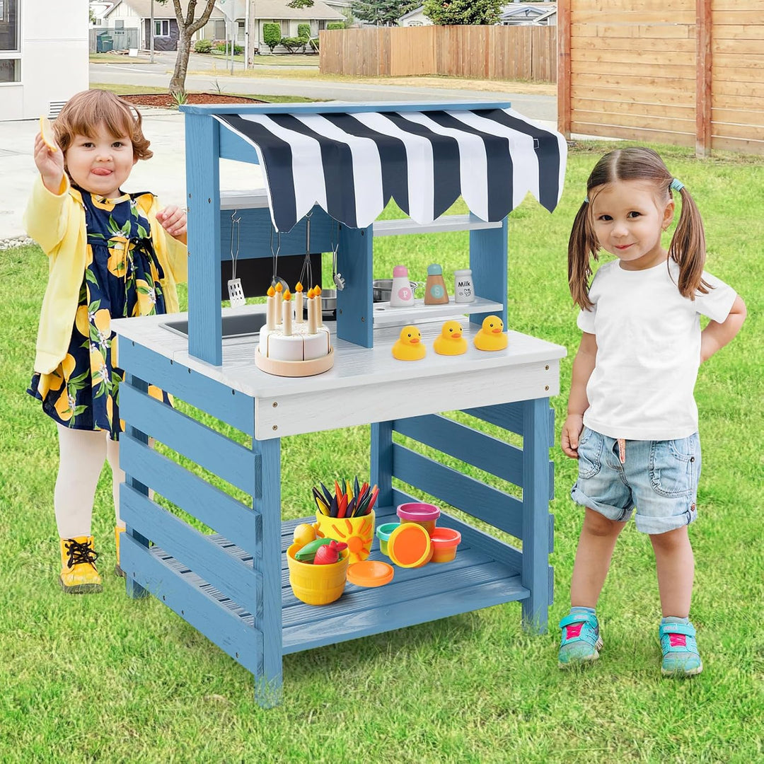 COSTWAY Matschküche Kinder Outdoor, Kinderküche Tannenholz mit Wasserfunktion, Doppelseitige Spielkü