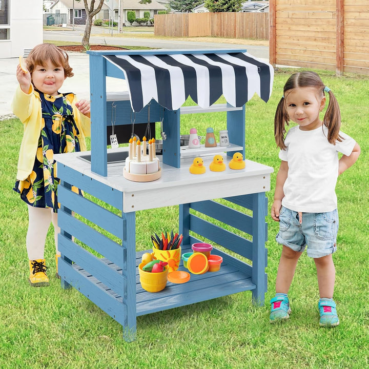 DREAMADE Matschküche Kinder Outdoor, Kinderküche aus Tannenholz mit Dach, Wassertank, Wasserhahn, Sp