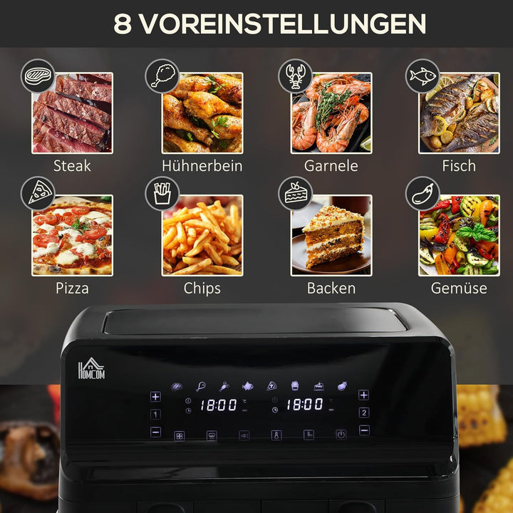 HOMCOM Dual Zone Heissluftfritteuse 8 L Airfryer 2500W mit 2 Fächer, 8 Programme, Antihaftbeschichtu
