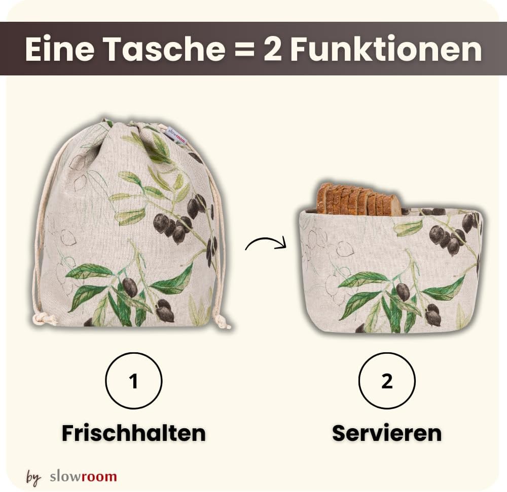slowroom Brotbeutel 30 x 34 cm und Brotkorb 2 in 1 - Brotkorb Stoff - doppelte Leinenschicht - Brötc