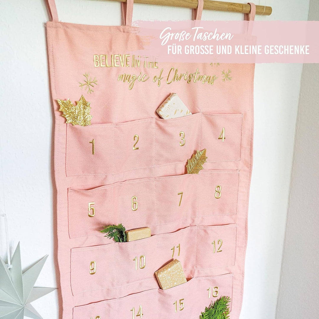 Papierdrachen Adventskalender 2023 als Wandkalender aus Stoff zum Befüllen - rosa &amp; gold - hochwerti