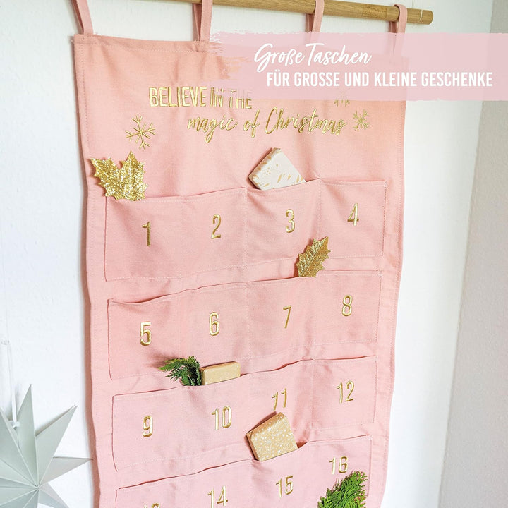 Papierdrachen Adventskalender 2023 als Wandkalender aus Stoff zum Befüllen - rosa &amp; gold - hochwerti