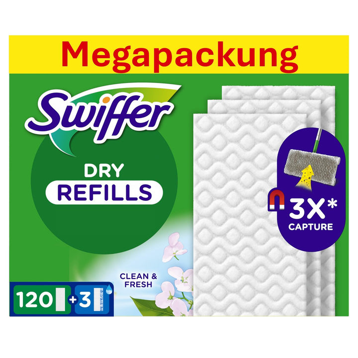 Swiffer Bodenwischer Nachfüllpackung, 120 Trockene Und 3 Feuchte Bodentücher, Nimmt Schmutz Auf Und