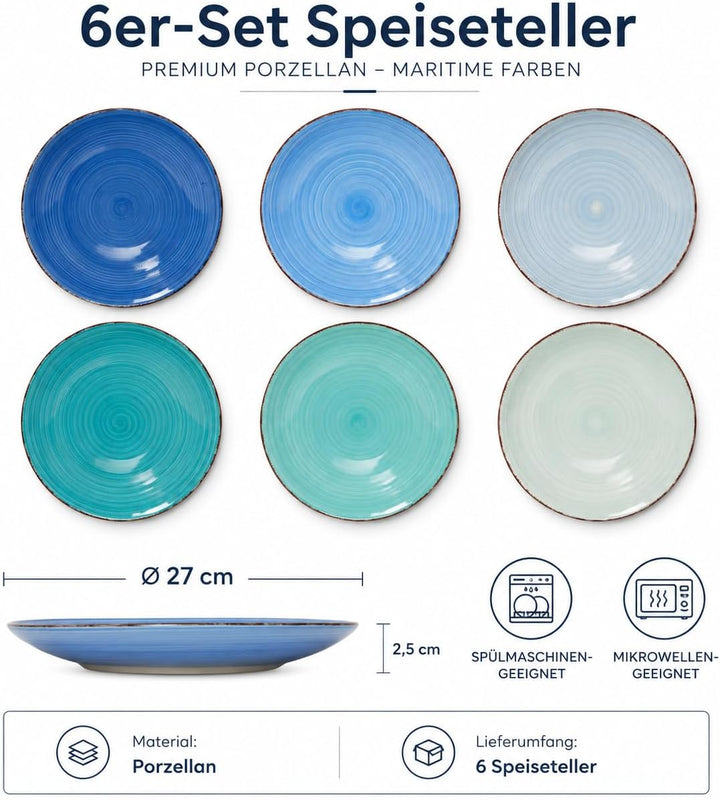 DRULINE 6er-Set Speiseteller Ø 27 cm aus Porzellan – Teller Set für 6 Personen in maritimen Blautöne