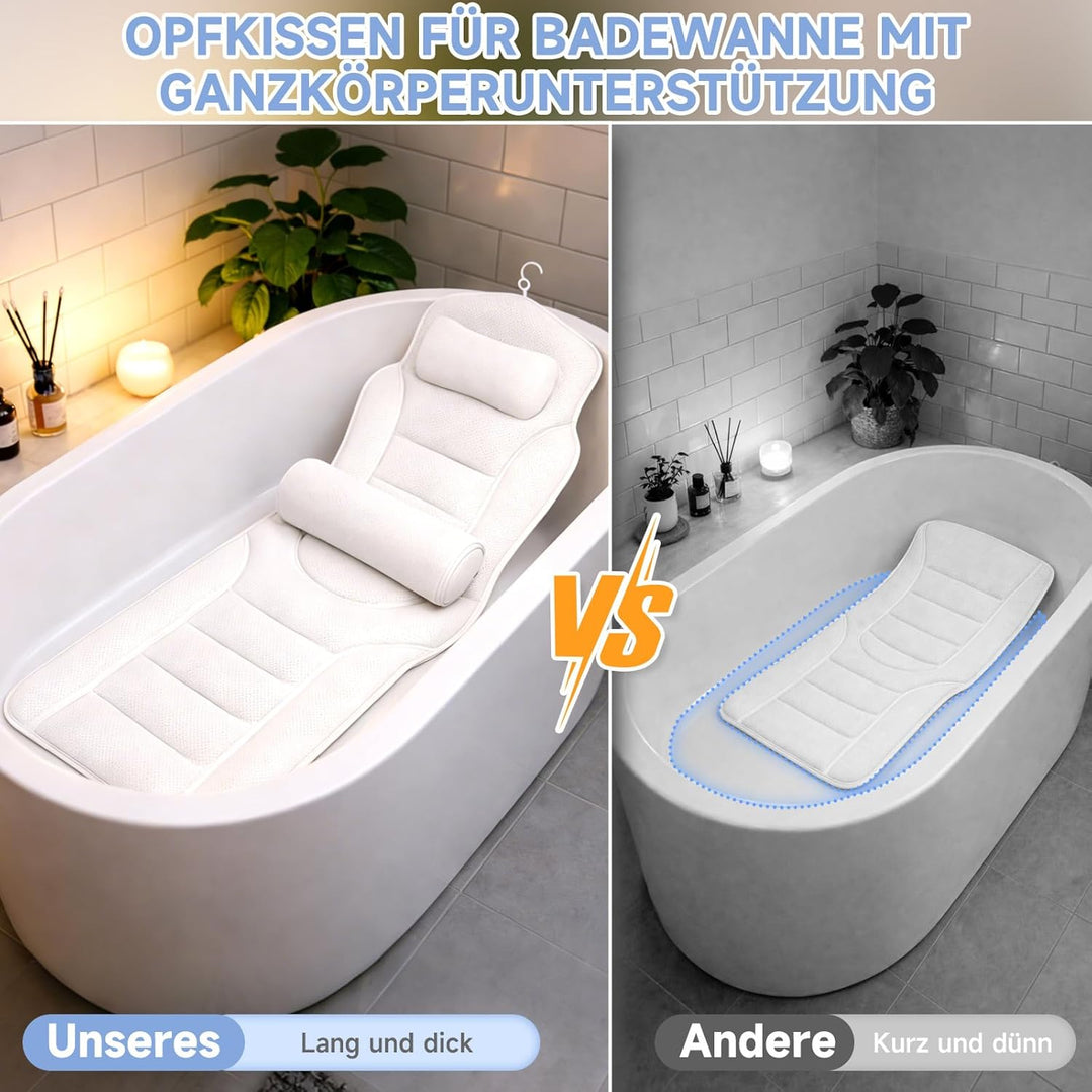 Badewannenkissen Ganzkörper, 142x45cm Badewannenmatte mit Kopfstütze und Lendenwirbelstütze, schnell