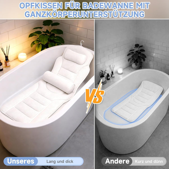 Badewannenkissen Ganzkörper, 142x45cm Badewannenmatte mit Kopfstütze und Lendenwirbelstütze, schnell