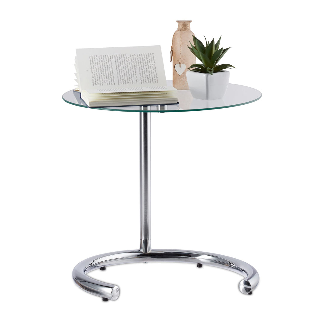 Relaxdays, Silber Kaffeetisch höhenverstellbar bis 70 cm, runder Wohnzimmertisch, verchromter Stahl,