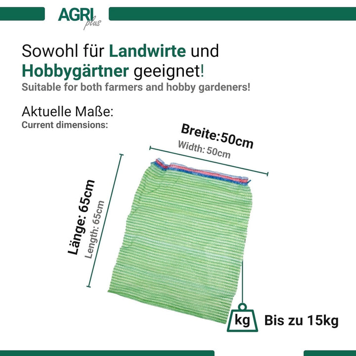 100 Stück Gemüsesäcke grün mit Zugband I 50 x 65 cm I verschiedene Grössen I Grobmaschige Raschelsäc