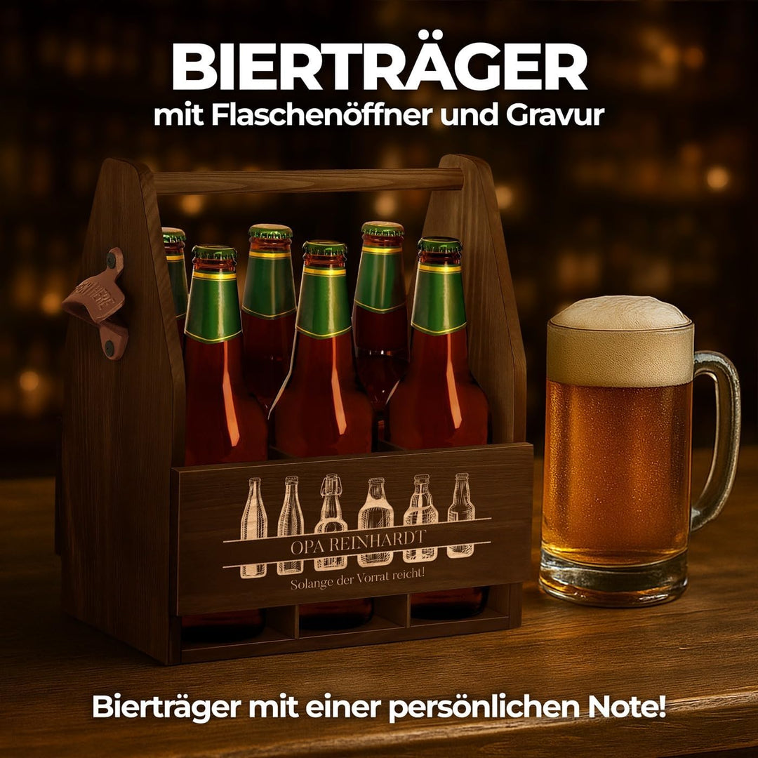 Maverton Bierträger für 6 Flaschen 0,5L + Gravur - Männerhandtasche mit Flaschenöffner - Grösse: 25x