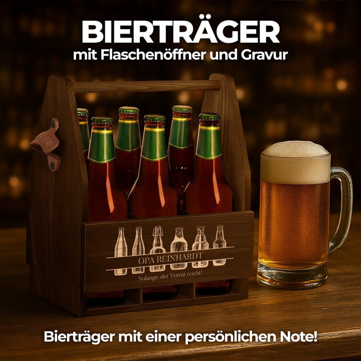 Maverton Bierträger für 6 Flaschen 0,5L + Gravur - Männerhandtasche mit Flaschenöffner - Grösse: 25x