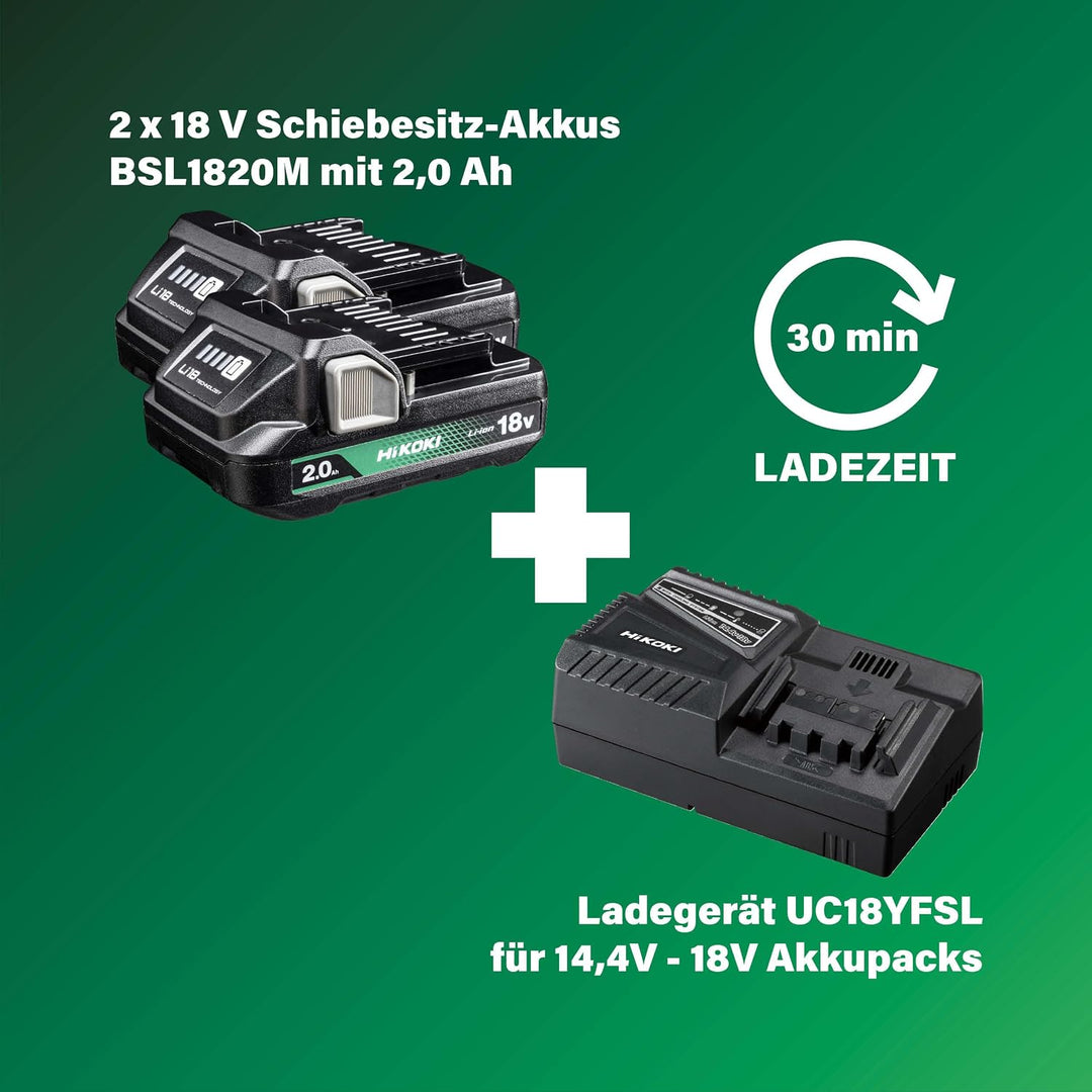 HIKOKI Akku Bohrschrauber DS18DDWRZ, Bohrfutterweite: 1,5-13 mm (18V, 2,0 Ah Li-ion Akku, Max. Festd