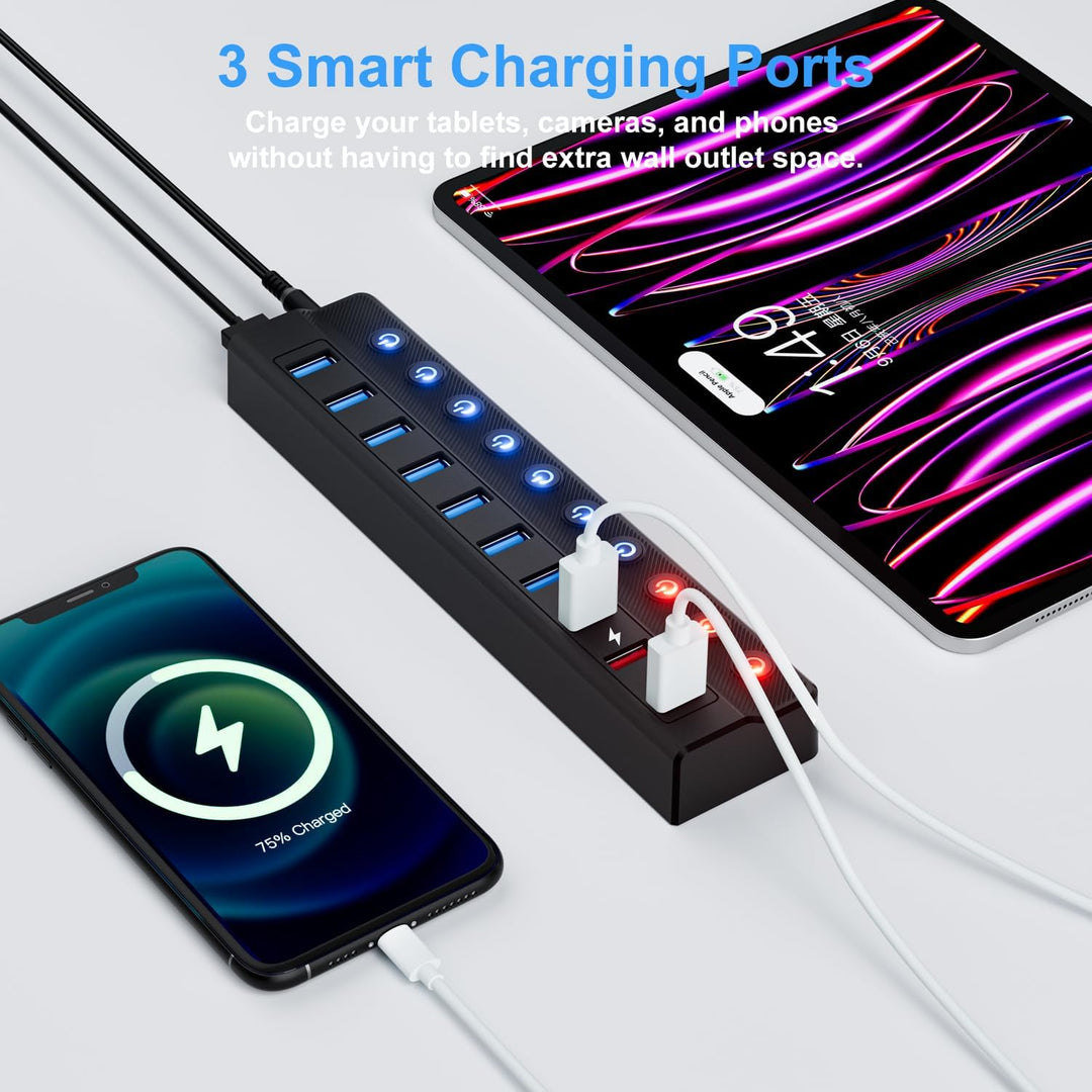Ziumier USB Hub 3.0 Aktiv mit Netzteil, 10 Ports 36W USB Verteiler(3 Schnellladeanschlüsse + 7 USB H