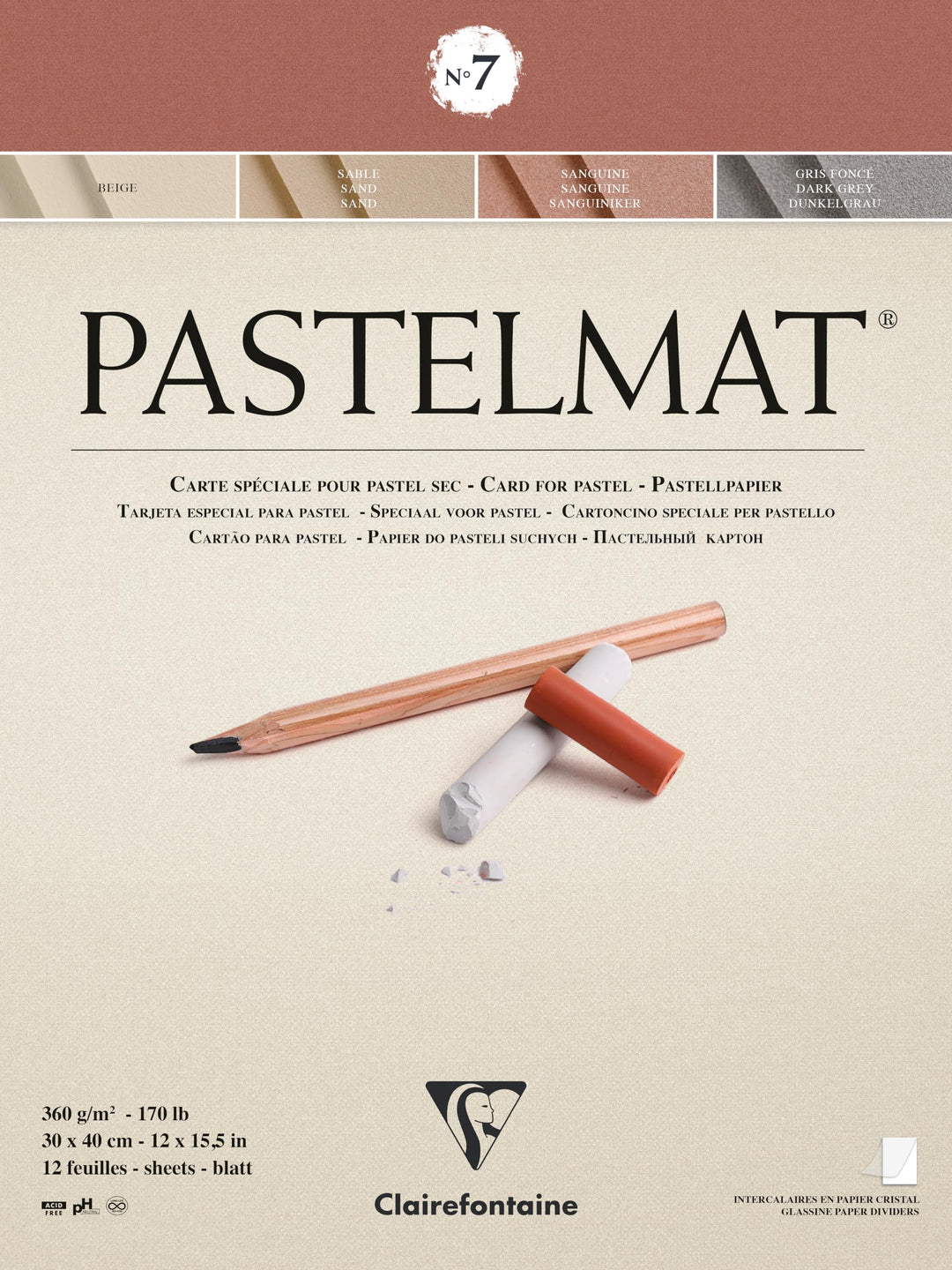 Clairefontaine 96054C - Zeichenblock Pastelmat, geleimt, 12 Bogen 30x40cm, 360g, ideal für Trockente