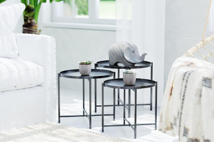 HAKU Möbel Beistelltisch 3er Set, Metall, schwarz, Ø 39 x H 37 cm / Ø 43 x H 40 cm / Ø 48 x H 43 cm